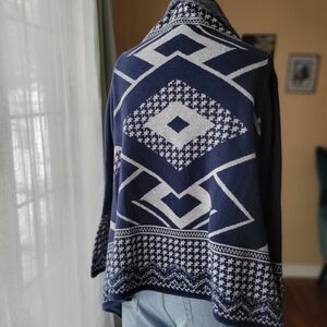 Dana Buchman Blue White Geometric Diamond Print Open Cardigan Sweater Size Small